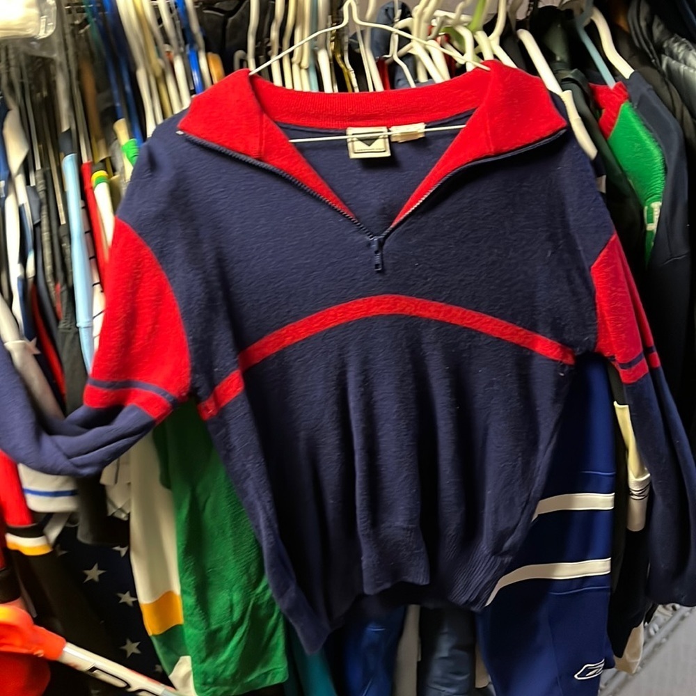 VINTAGE Obermeyer 1/4 Zip Wool Sweater Andre Blue Red